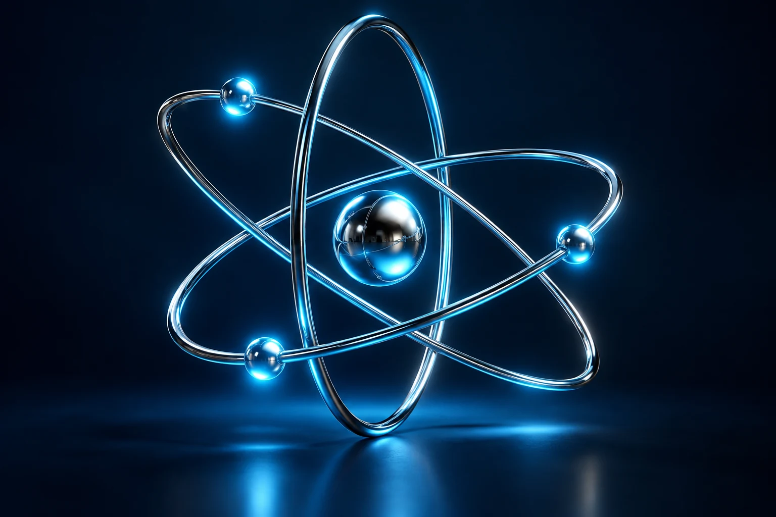 Three intersecting chrome orbital ellipses with luminous electron spheres